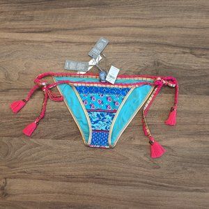 NWT Aerie Boho Tasseled Tie Bikini Bottom XS Floral Blue Pink Gold Trim